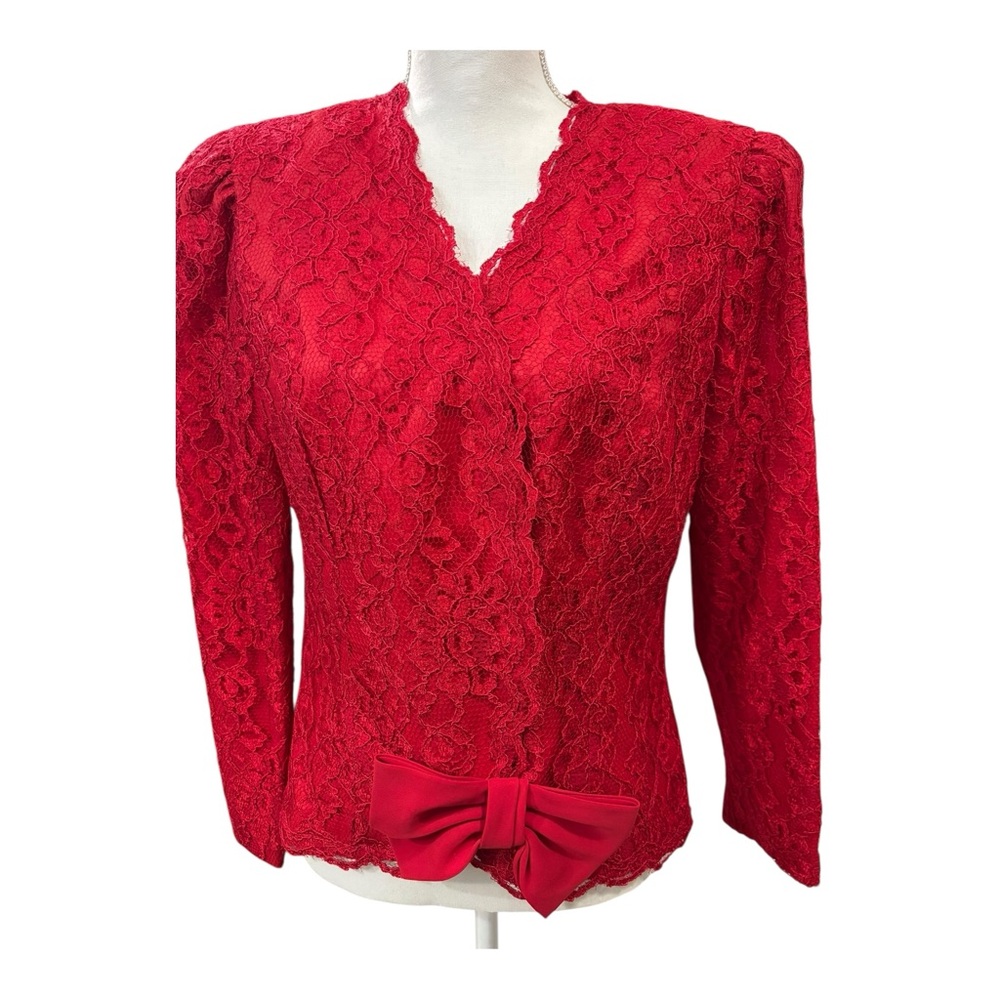 Vtg 80s Miss Elliette Sz 12 Red Lace Blazer Jacket Bow Detail‎ Padded Shoulders